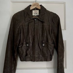 7 for All Mankind Fly-in-Style Leather Bomber Cropped Jacket Brown XS